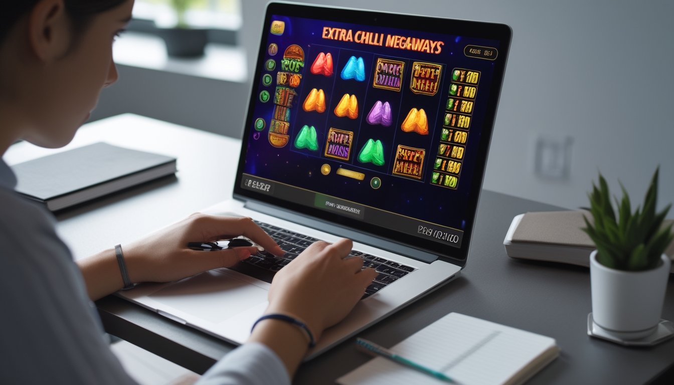 Seseorang sedang fokus melihat layar laptop yang menampilkan permainan slot Extra Chilli Megaways dengan simbol cabai berwarna cerah di meja kerja yang rapi.