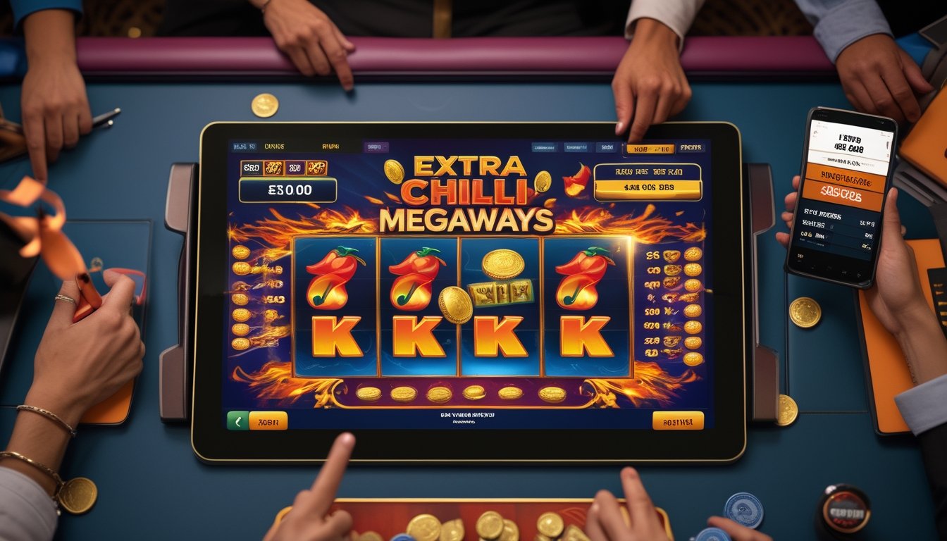 Meja permainan kasino dengan mesin slot Extra Chilli Megaways dan beberapa orang yang sedang menganalisis strategi bermain.