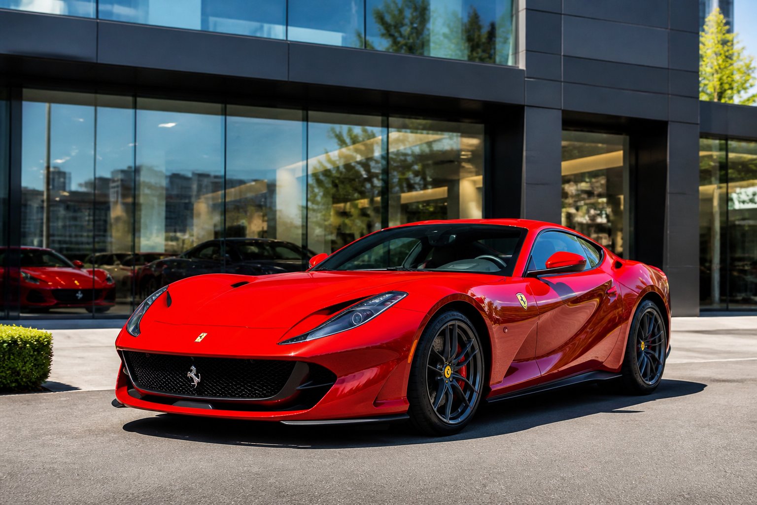 A red Ferrari sports car parked outside a modern luxury car dealership with glass windows and other cars visible inside.
