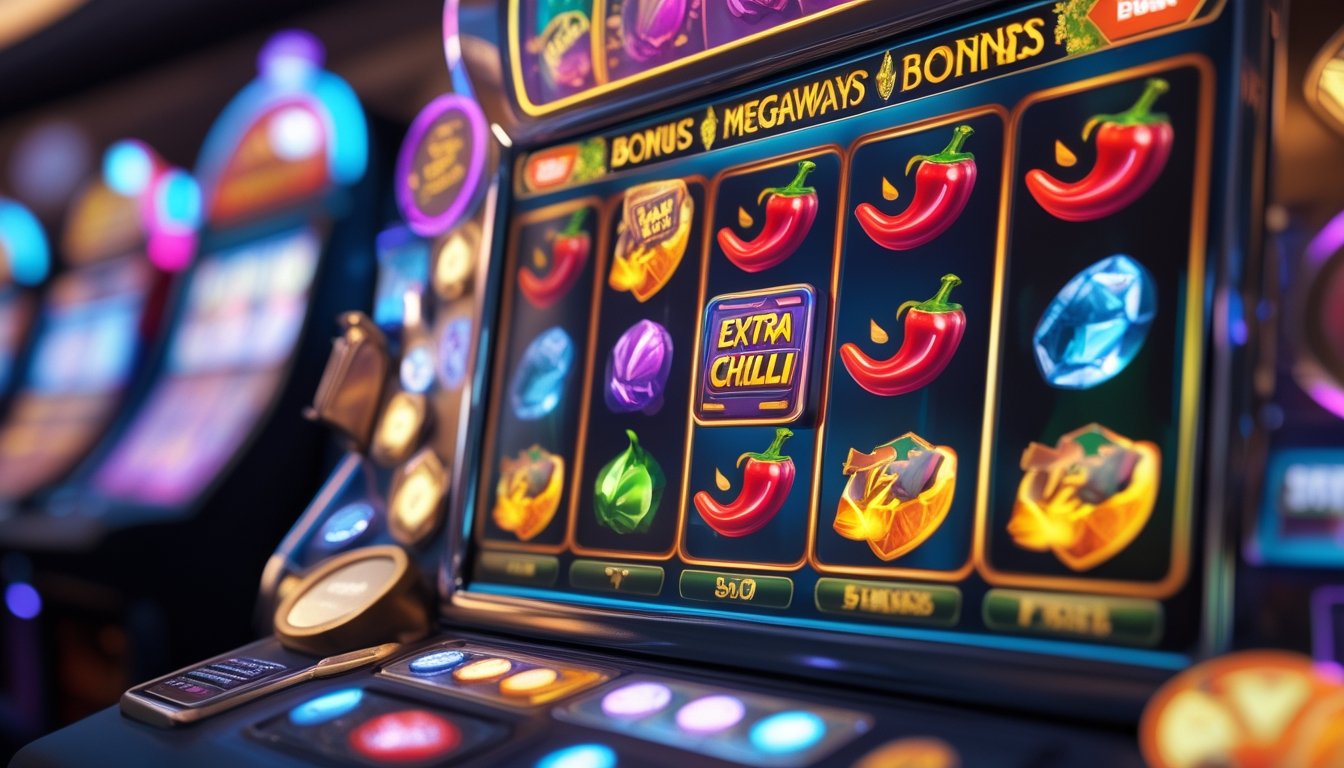 Layar mesin slot dengan simbol cabai berwarna-warni dan elemen yang menggambarkan fitur bonus dan putaran gratis di permainan slot Extra Chilli Megaways.