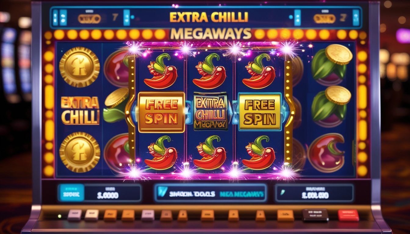 Layar mesin slot dengan simbol cabai, koin emas, dan ikon putaran gratis di latar kasino yang ramai.