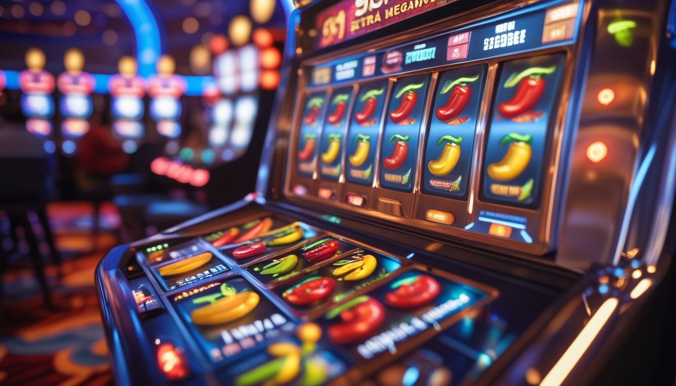 Mesin slot Extra Chilli Megaways dengan simbol cabai berwarna cerah di kasino yang ramai.