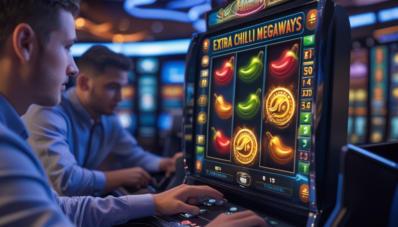 Mesin slot dengan simbol cabai merah berwarna cerah di kasino, menampilkan pemain yang fokus dan elemen permainan yang dinamis.