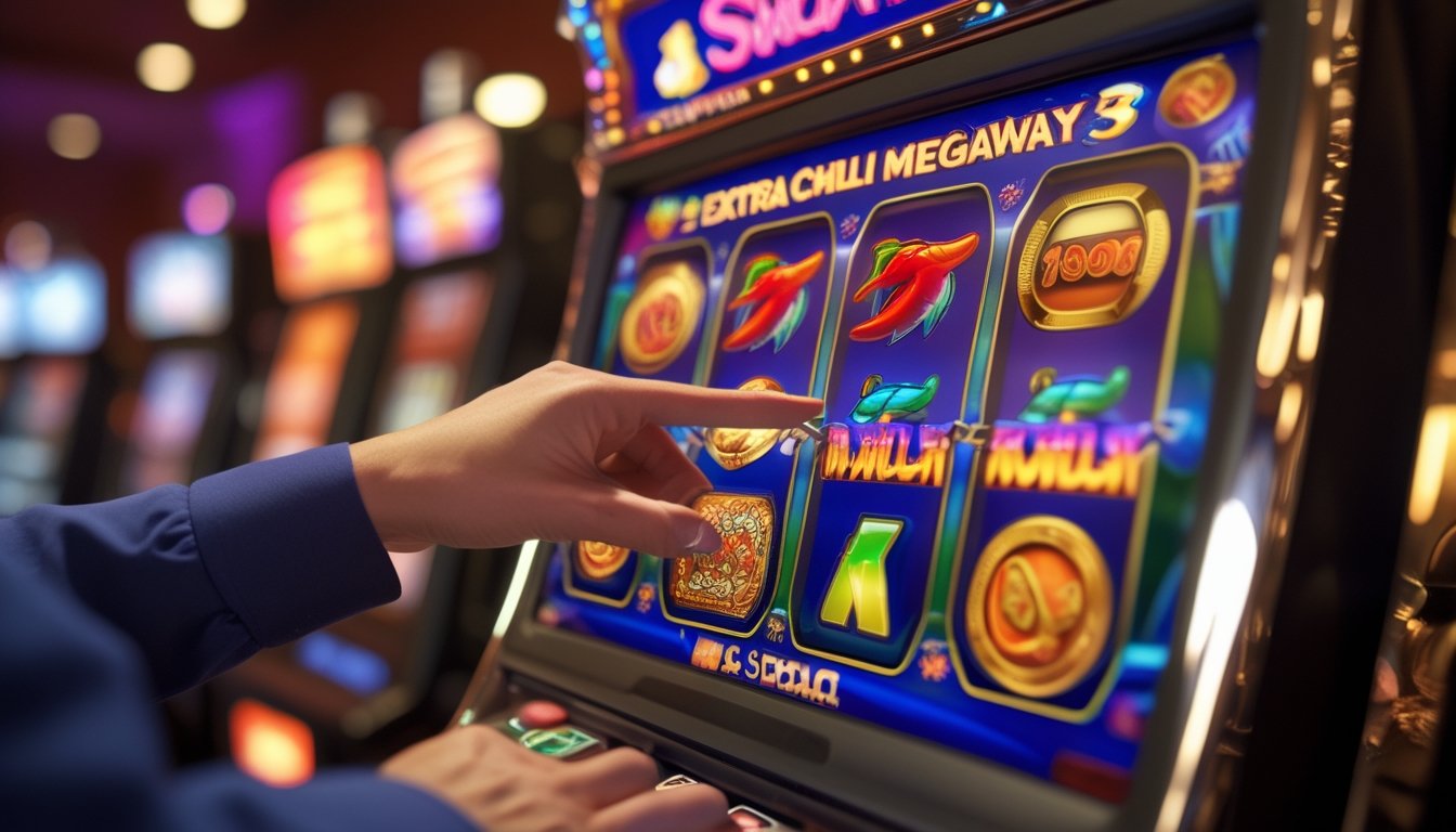 Tangan seseorang sedang bermain mesin slot Extra Chilli Megaways dengan simbol warna-warni di layar mesin slot.