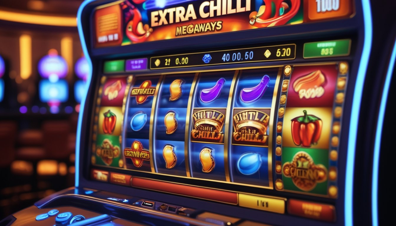 Layar mesin slot Extra Chilli Megaways dengan simbol cabai dan koin berwarna cerah di latar kasino yang remang-remang.