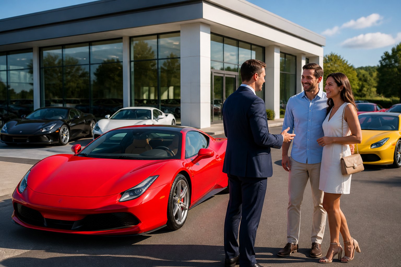 A red Ferrari parked outside a modern car dealership with a sales representative talking to a smiling couple, surrounded by other luxury cars.
