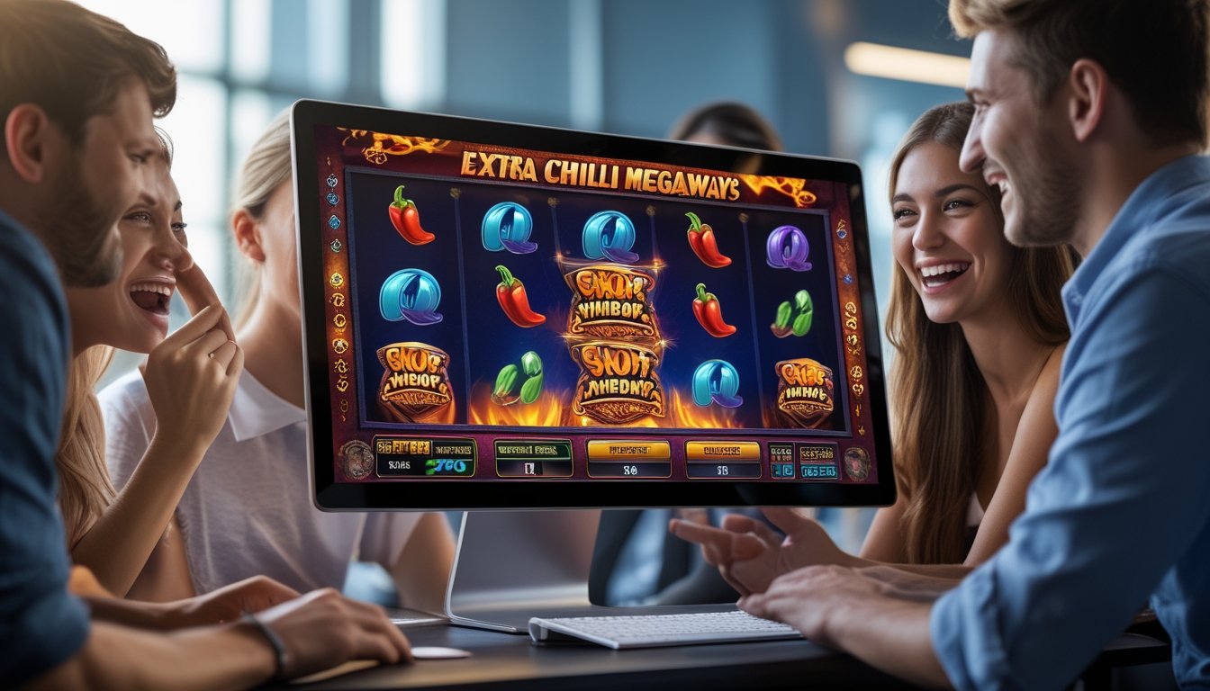 Seorang pemain sedang bermain game slot online dengan layar komputer yang menampilkan simbol cabai dan elemen permainan yang berwarna-warni.