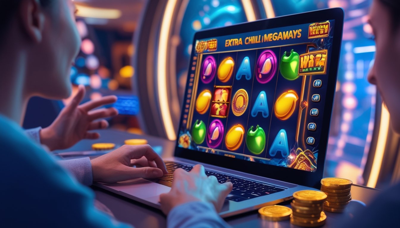 Seorang pemain menggunakan laptop dengan tampilan permainan slot online yang penuh warna dan simbol cabai, menunjukkan suasana antusias dalam bermain game slot.