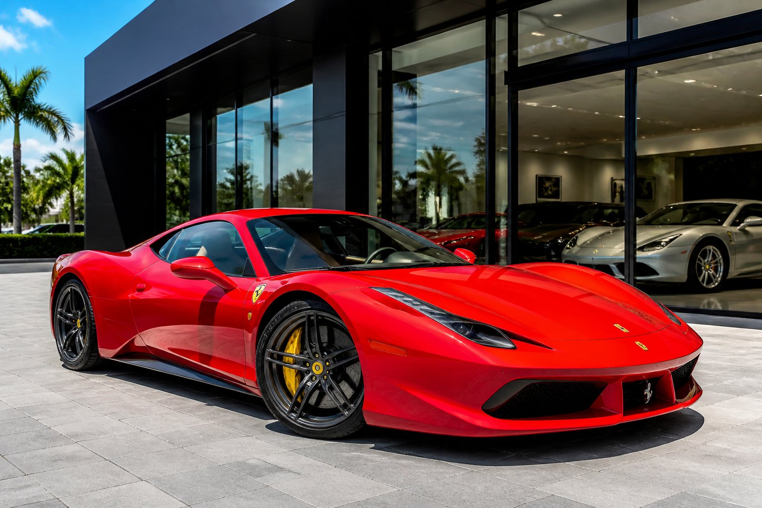 A red Ferrari parked outside a modern luxury car dealership on a sunny day.