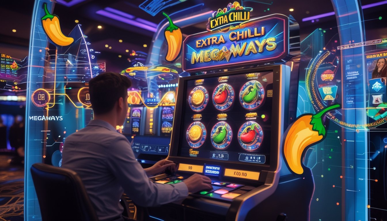 Seorang pemain fokus bermain mesin slot Extra Chilli Megaways dengan tampilan grafis berwarna-warni dan elemen visual yang menunjukkan mekanisme permainan di latar belakang.