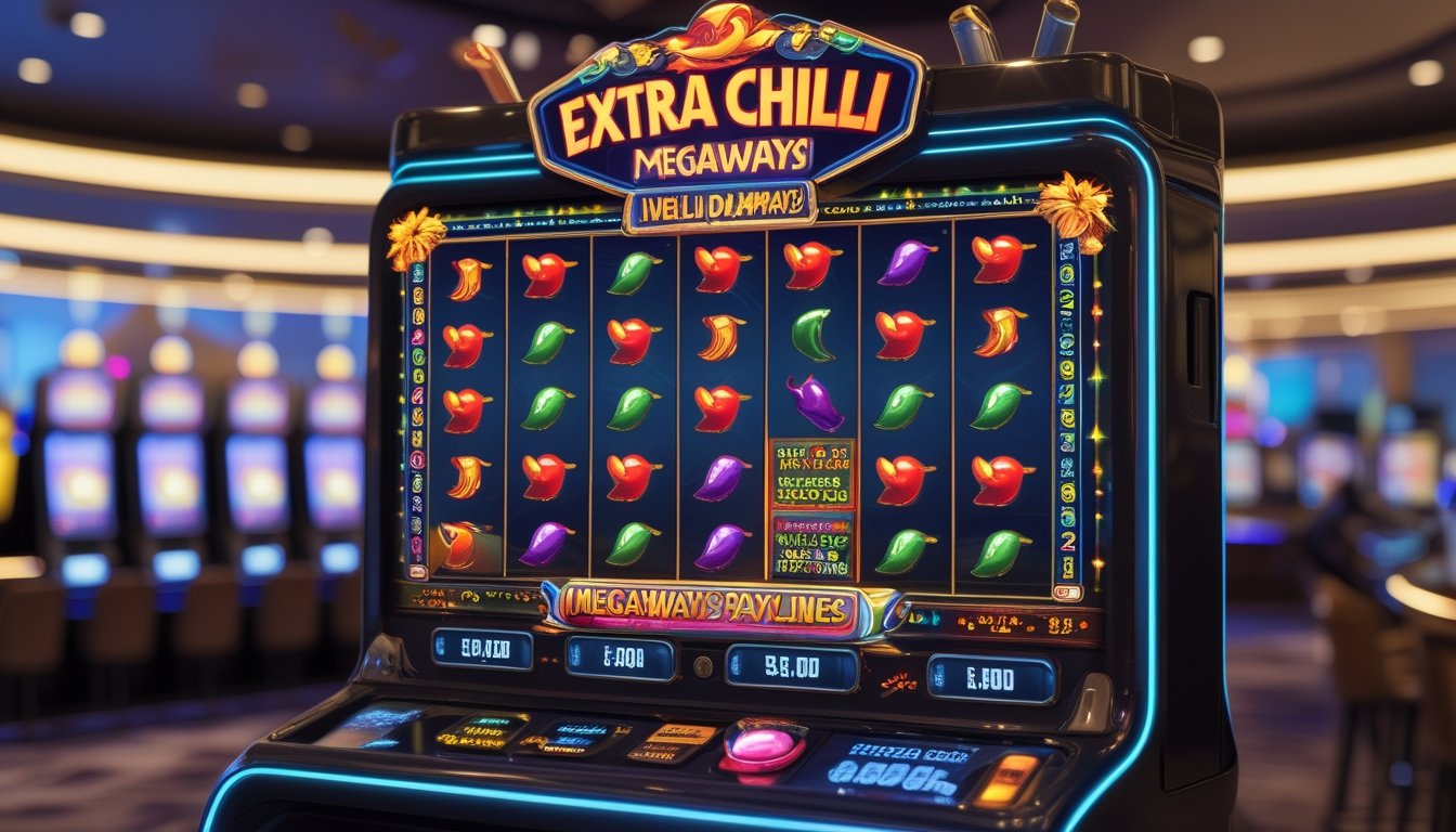 Mesin slot Extra Chilli Megaways dengan simbol cabai dan garis pembayaran yang menyala di latar kasino.