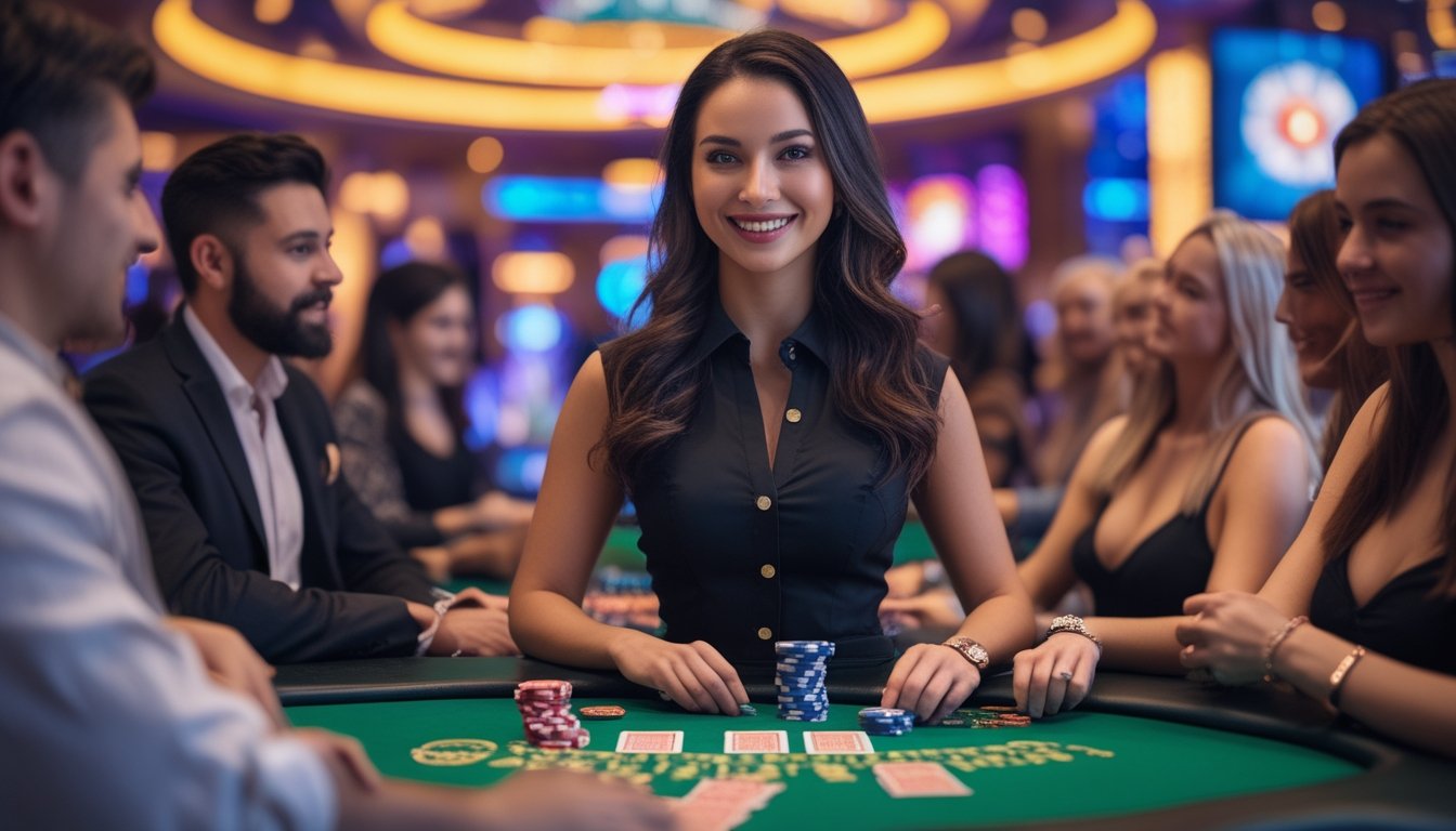 Seorang dealer kasino profesional di meja permainan dengan kartu dan chip, dikelilingi suasana kasino yang mewah dan cerah seperti di Las Vegas.