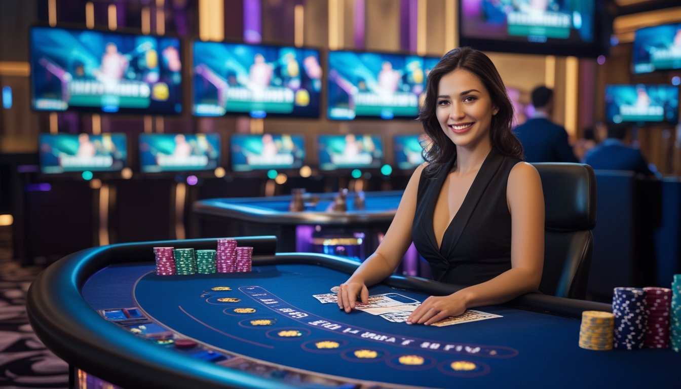 Seorang dealer wanita profesional duduk di meja kasino dengan kartu dan chip, di latar belakang layar besar menampilkan streaming langsung permainan kasino.