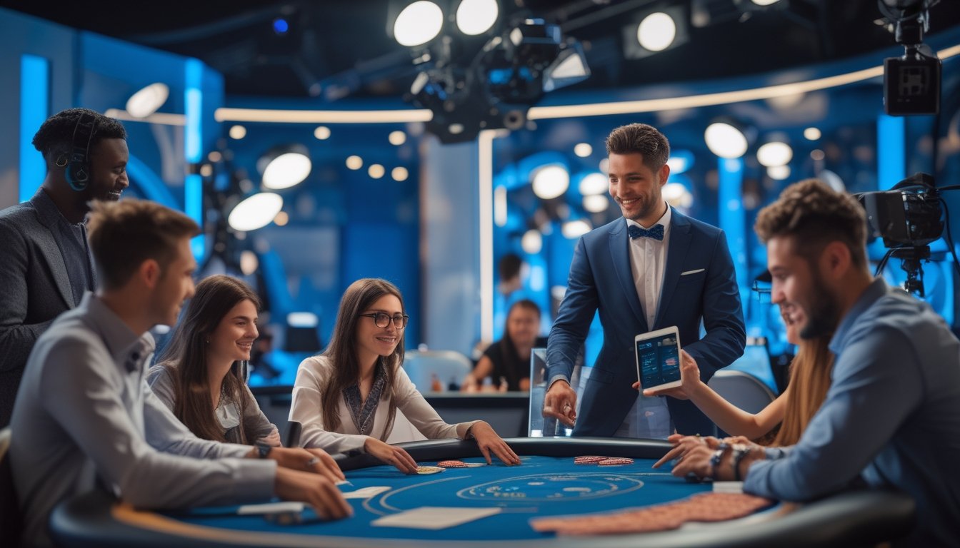 Seorang dealer langsung yang ramah sedang mengelola permainan kasino dengan pemain yang menggunakan perangkat digital di meja permainan.