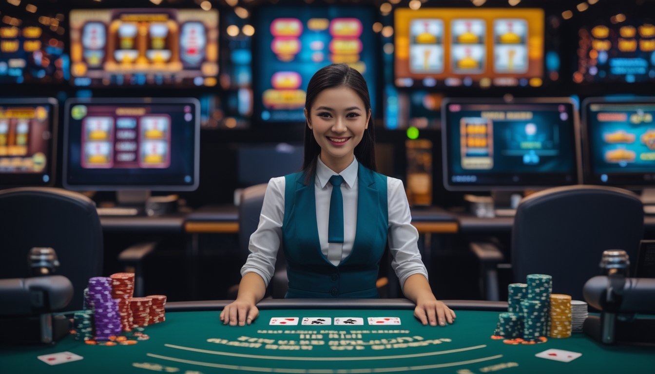 Seorang dealer casino profesional duduk di meja permainan dengan kartu dan chip, di latar belakang layar komputer menampilkan permainan casino online.