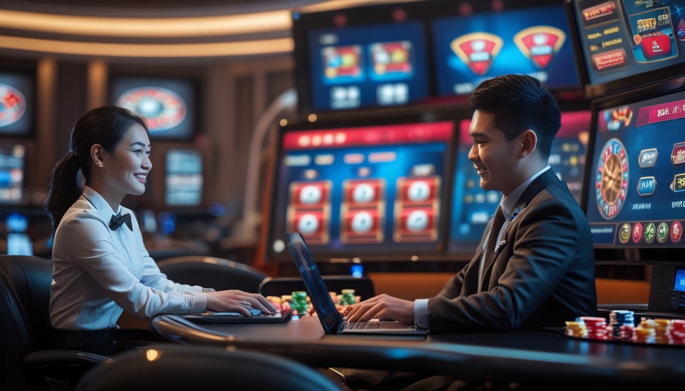 Seorang dealer live yang ramah sedang berinteraksi dengan pemain muda menggunakan laptop di lingkungan kasino modern dengan elemen permainan kasino seperti kartu dan chip.