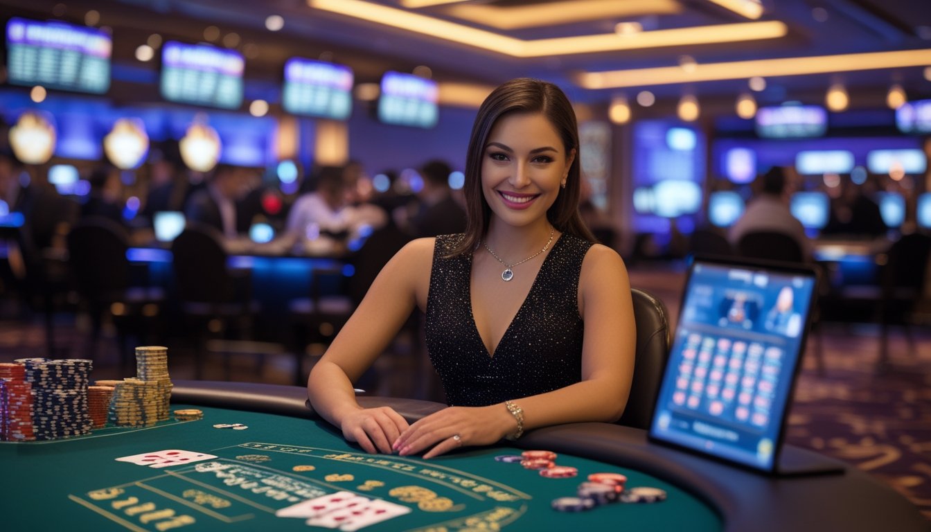 Seorang dealer kasino wanita yang ramah duduk di meja permainan dengan kartu dan chip, berinteraksi langsung dengan pemain melalui layar di latar belakang kasino yang hidup.