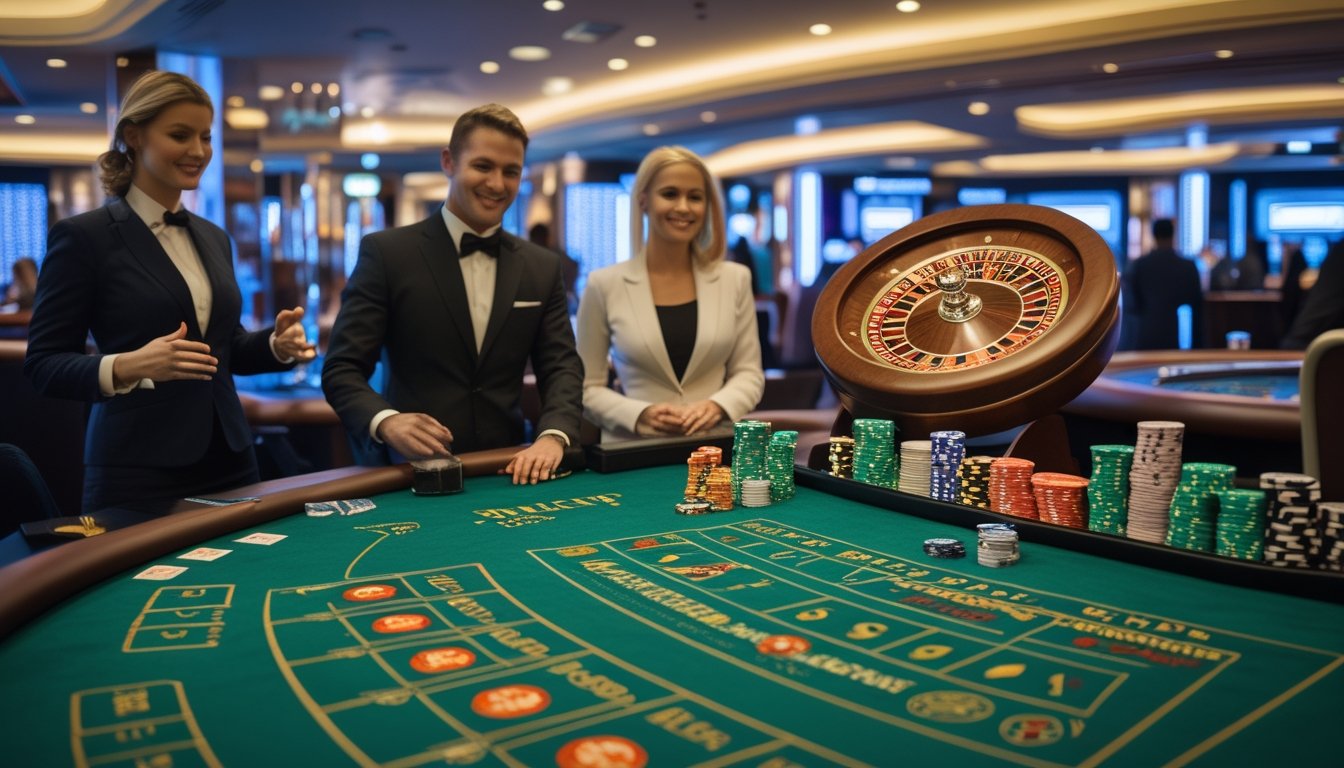 Suasana kasino dengan dealer yang sedang menjalankan permainan blackjack, roulette, dan baccarat secara langsung.