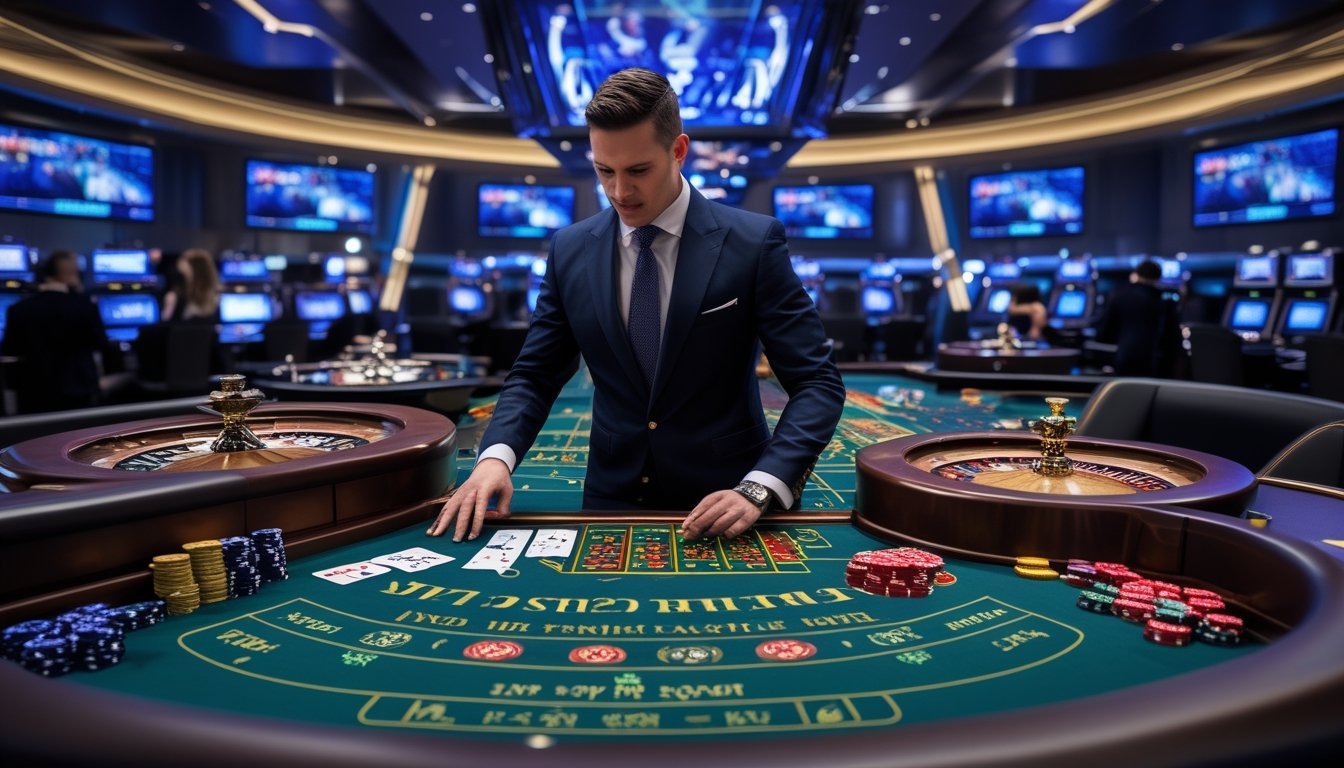 Seorang dealer profesional di meja permainan kasino langsung dengan meja blackjack, roda roulette, dan meja baccarat dalam suasana kasino yang mewah dan modern.