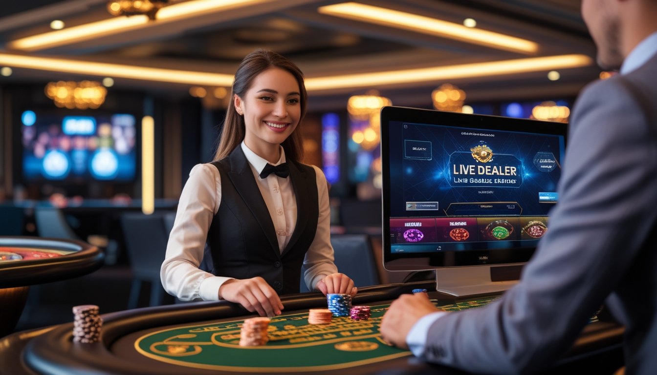 Seorang dealer live yang tersenyum bermain di meja kasino dengan latar belakang suasana kasino nyata, terlihat dari dalam rumah.