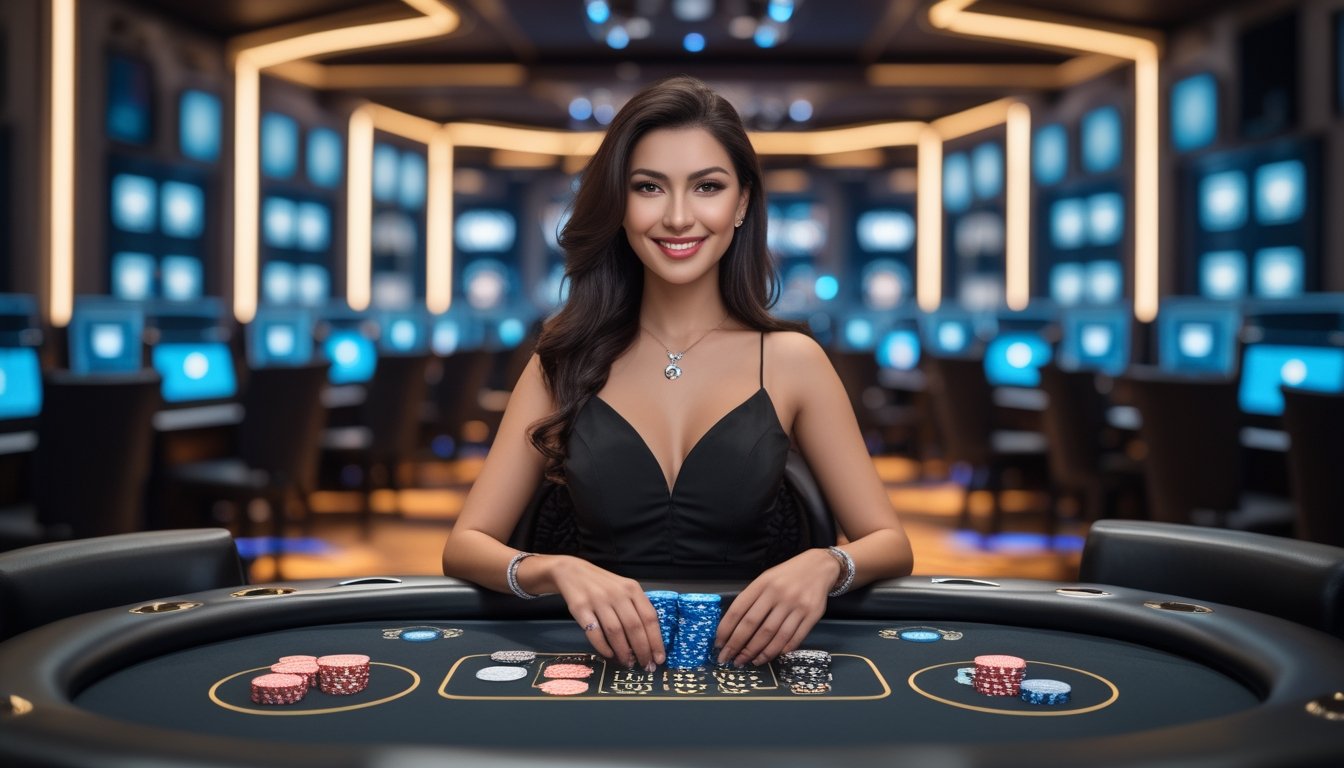Seorang dealer wanita profesional duduk di meja permainan kasino dengan kartu dan chip, di latar belakang terlihat peralatan server yang modern.