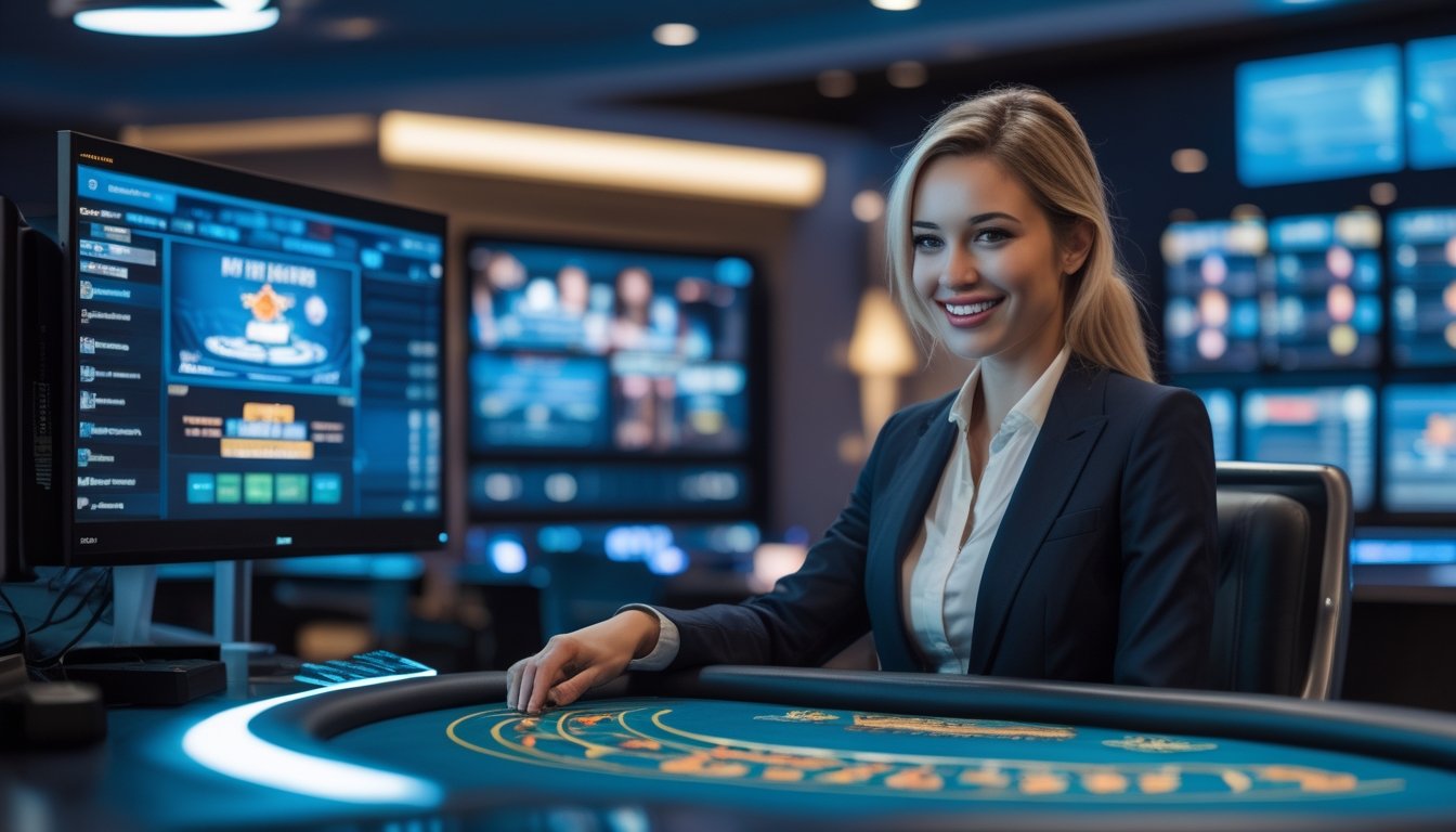 Seorang dealer live yang profesional tersenyum di depan layar komputer dengan tampilan permainan kasino yang stabil dan lancar.