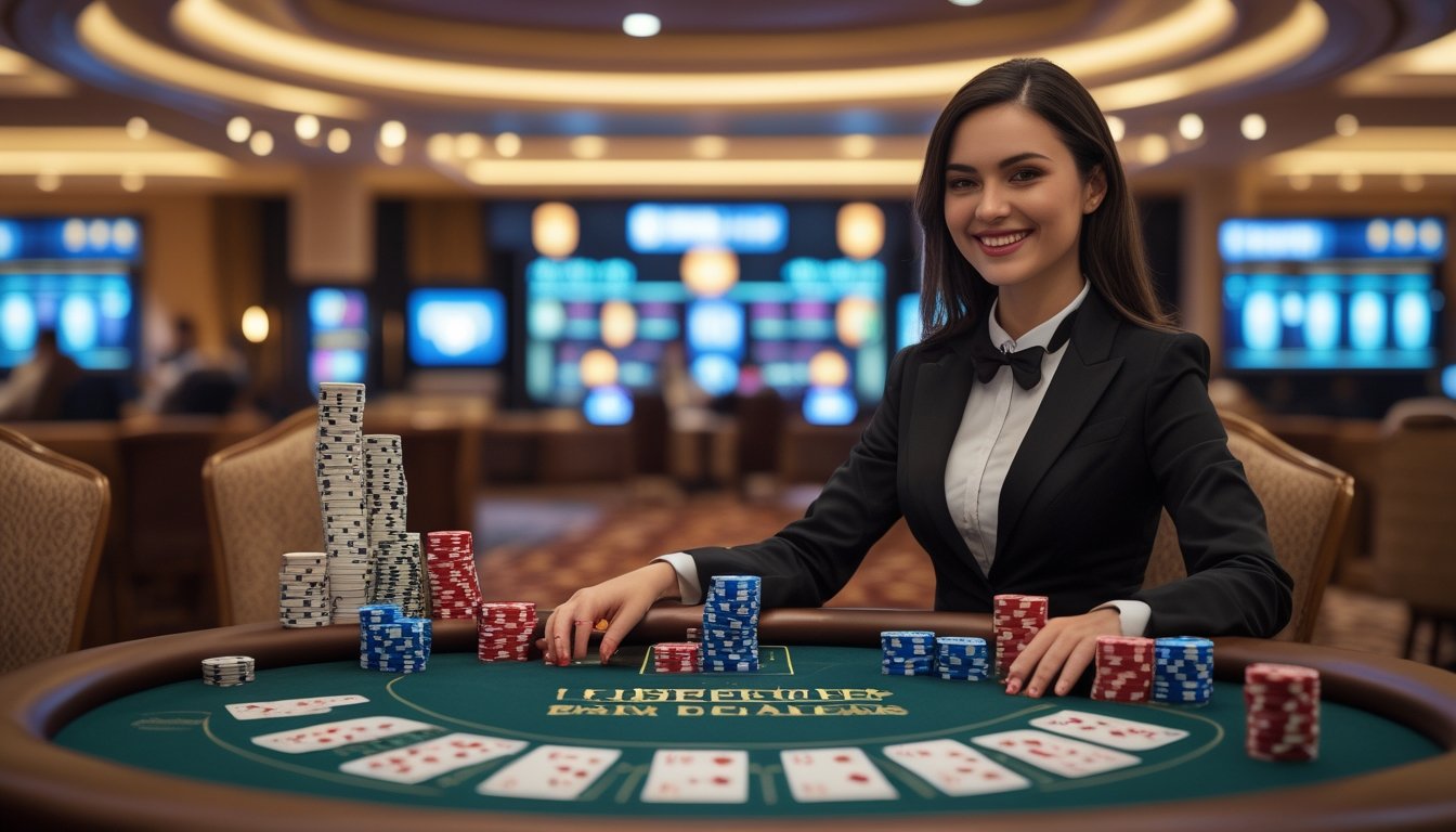 Seorang dealer langsung tersenyum di meja permainan kasino dengan kartu dan chip, di latar belakang suasana kasino mewah dan layar digital.
