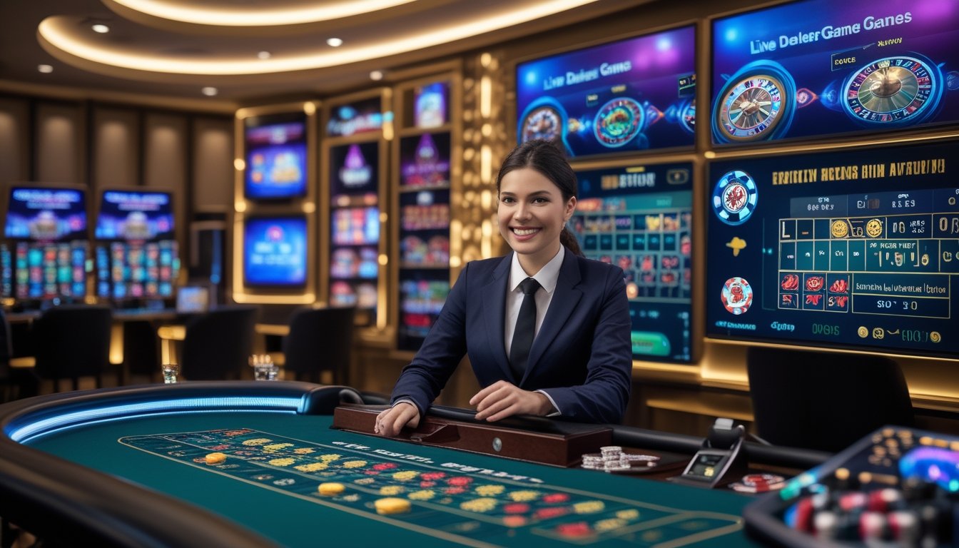 Seorang dealer live yang tersenyum di meja permainan kasino dengan layar komputer menampilkan permainan dealer langsung di latar belakang.