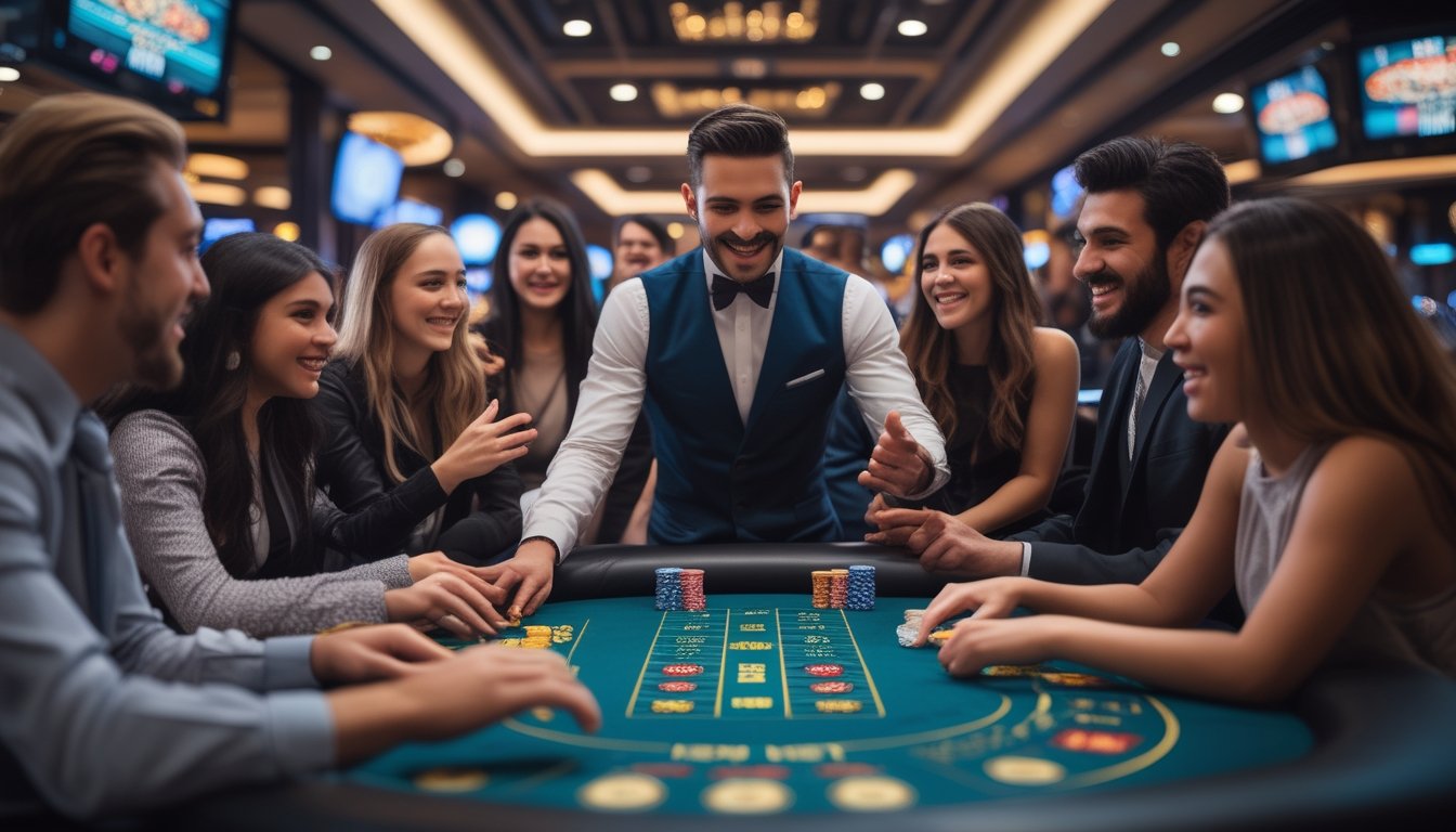 Seorang dealer casino profesional melayani beberapa pemain yang sedang bermain di meja kasino dengan suasana mewah dan pencahayaan hangat.