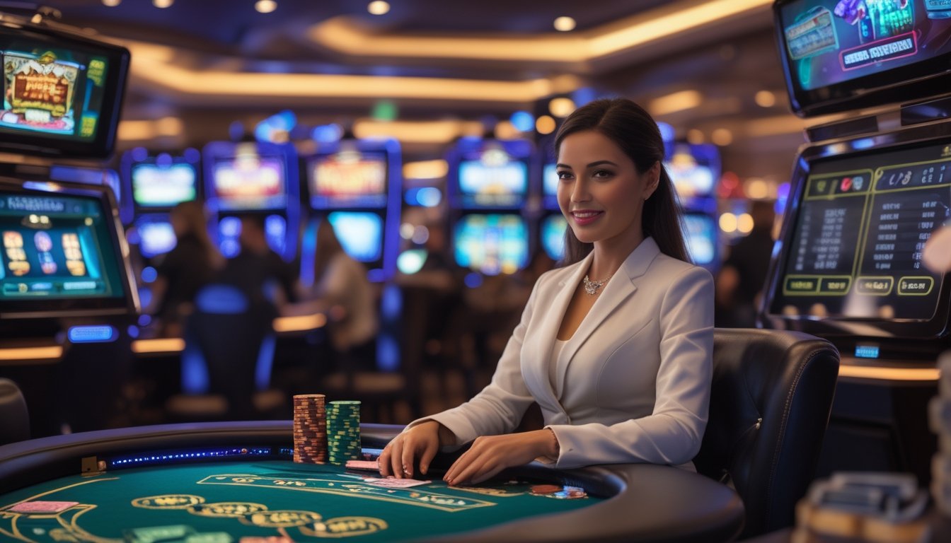 Seorang dealer live yang berpakaian rapi duduk di meja kasino dengan kartu dan chip, dikelilingi layar yang menampilkan permainan slot dan kasino.