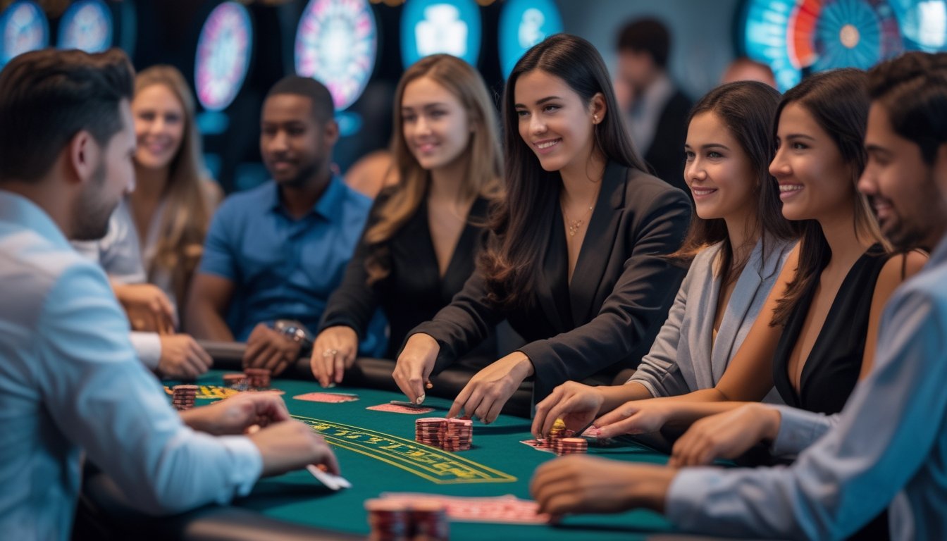 Sekelompok orang bermain permainan live dealer di kasino dengan dealer yang sedang membagikan kartu di meja permainan.