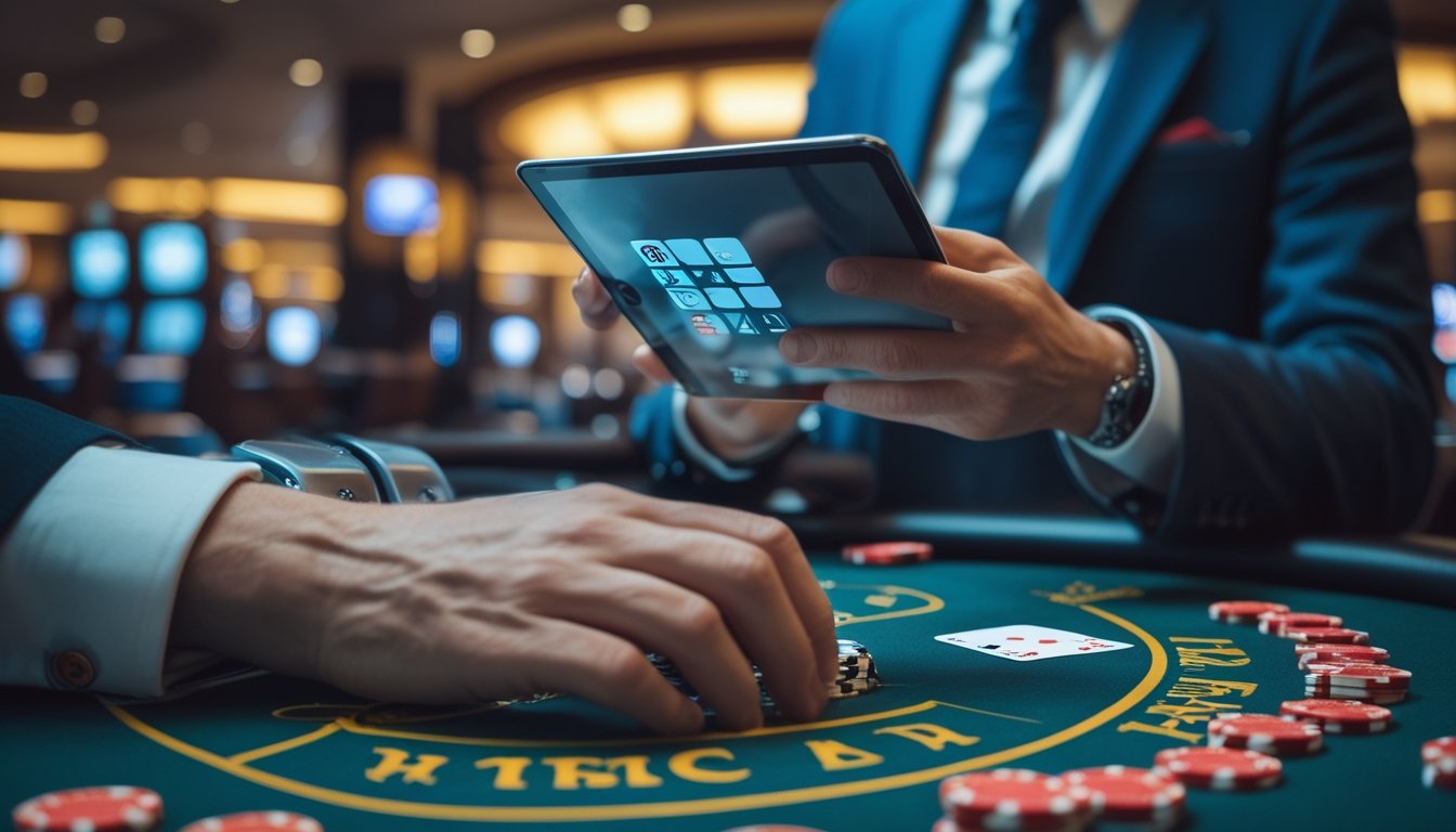 Meja blackjack dengan kartu dan chip serta seseorang yang sedang mempelajari permainan menggunakan tablet di kasino.