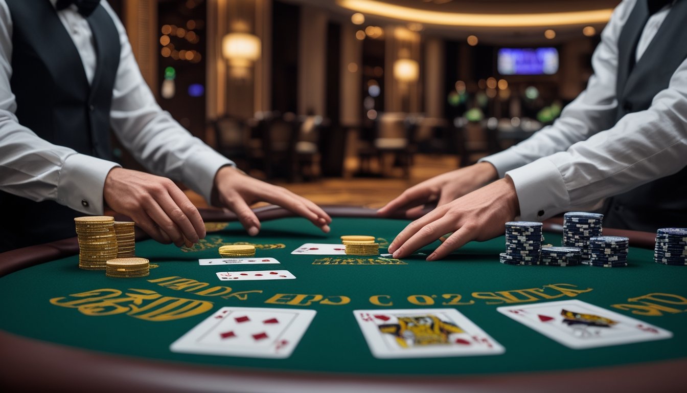 Meja blackjack di kasino dengan kartu dan chip, dealer sedang membagikan kartu.
