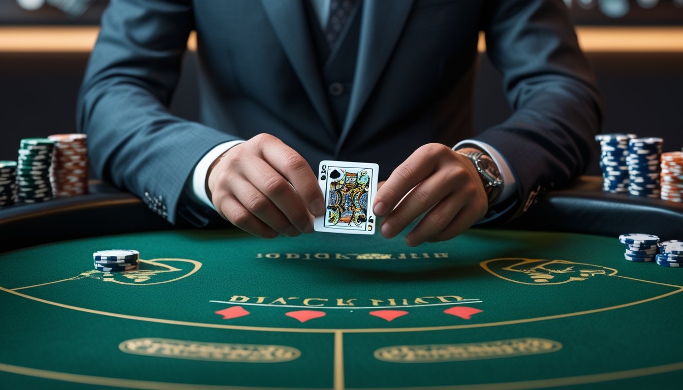 Seorang pemain profesional di meja blackjack sedang menganalisis kartu dengan latar belakang suasana kasino.