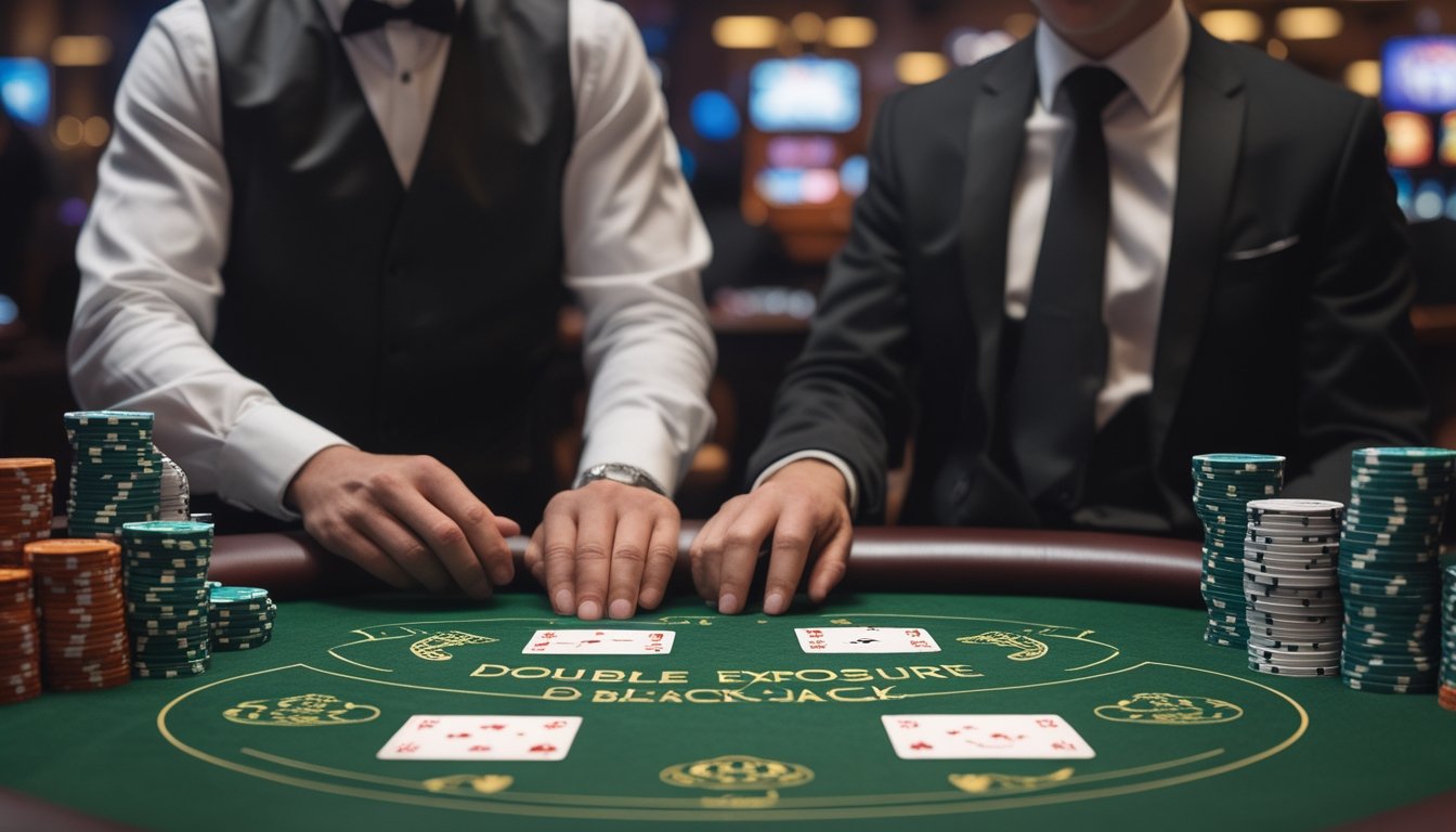 Seorang dealer dan pemain sedang bermain Double Exposure Blackjack di meja kasino dengan kartu terbuka dan tumpukan chip di atas meja.