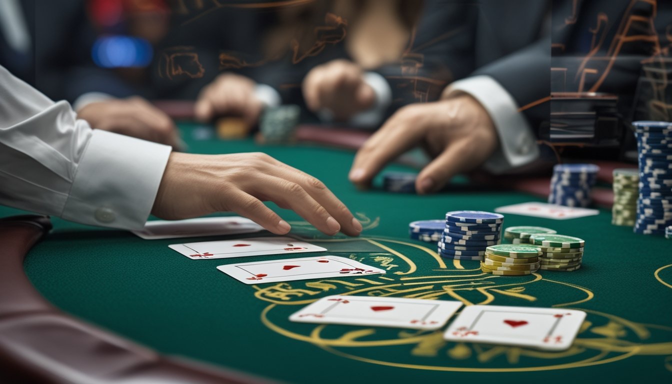 Meja blackjack dengan kartu dan chip, tangan dealer sedang membagikan kartu, dengan efek ganda transparan yang menunjukkan kartu dan chip yang tumpang tindih.