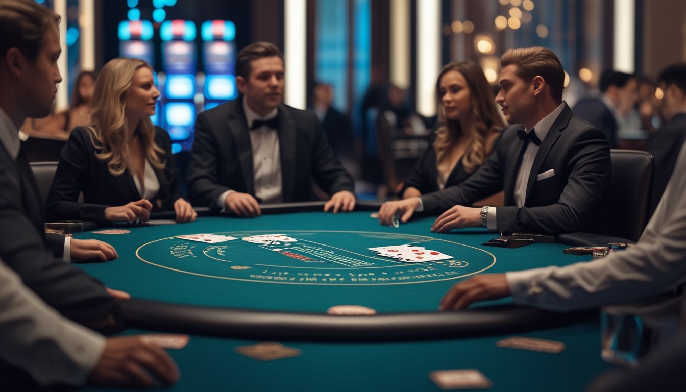Meja blackjack di kasino dengan dua kartu terbuka di depan pemain dan dealer yang sedang melayani, suasana kasino yang elegan di latar belakang.