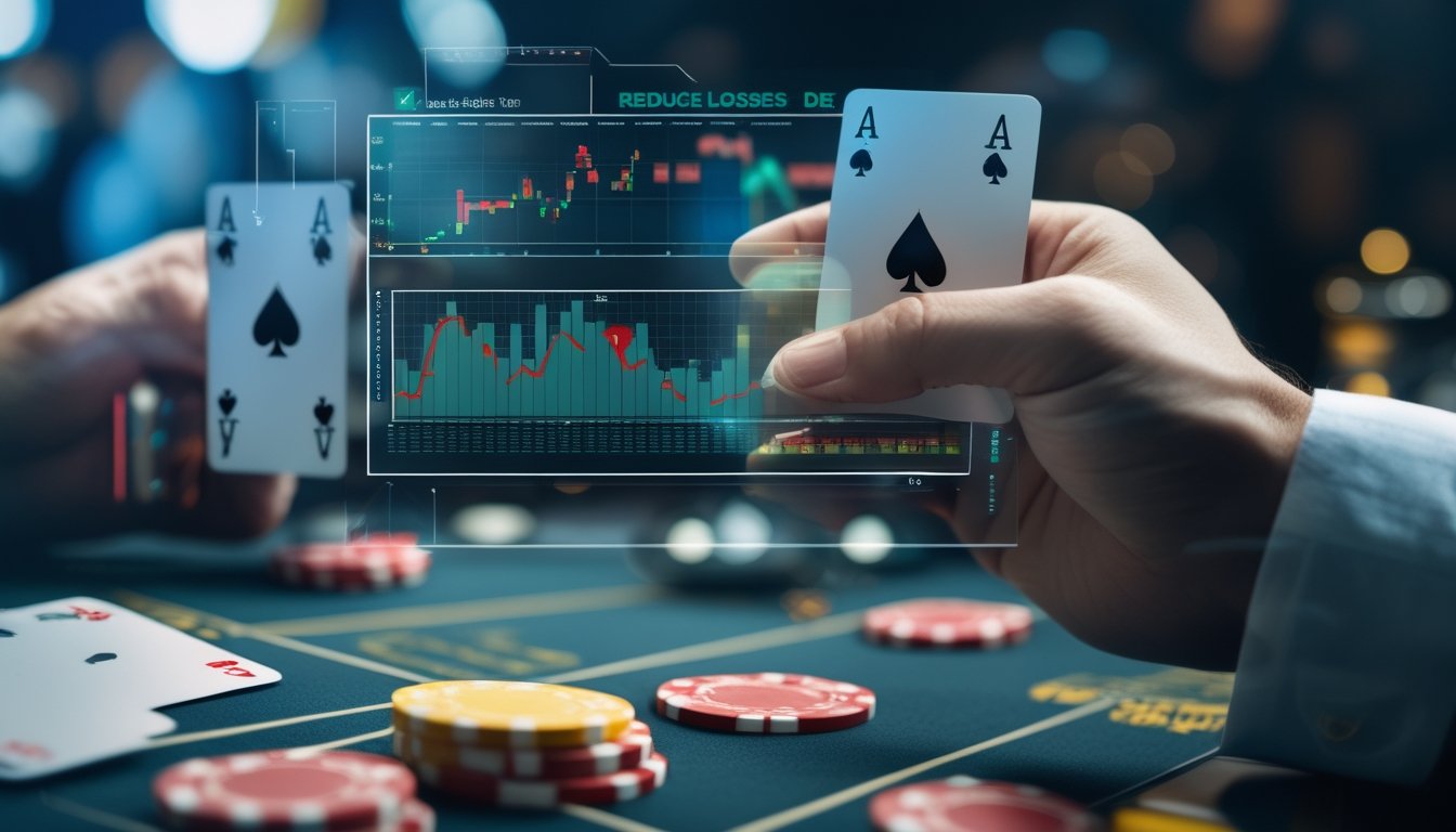 Tangan memegang kartu blackjack dengan latar belakang meja kasino dan grafik strategi permainan.