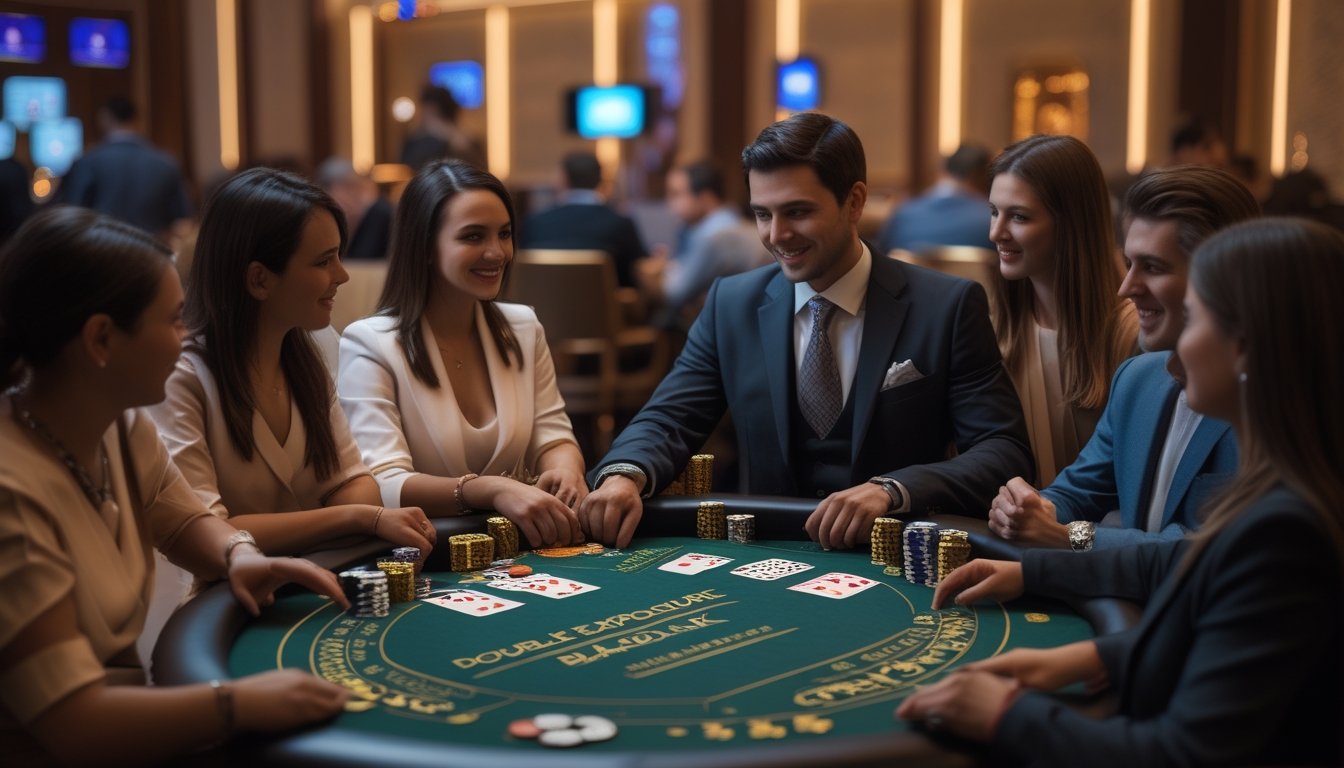 Meja blackjack dengan kartu terbuka di kasino, pemain dan dealer berinteraksi di suasana kasino yang elegan.