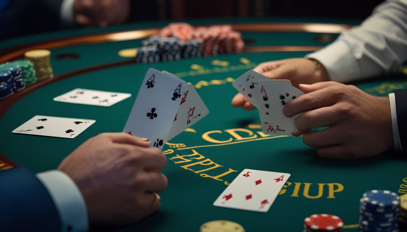 Meja blackjack dengan dua kartu dealer terbuka dan tangan pemain memegang dua kartu, suasana kasino di latar belakang.
