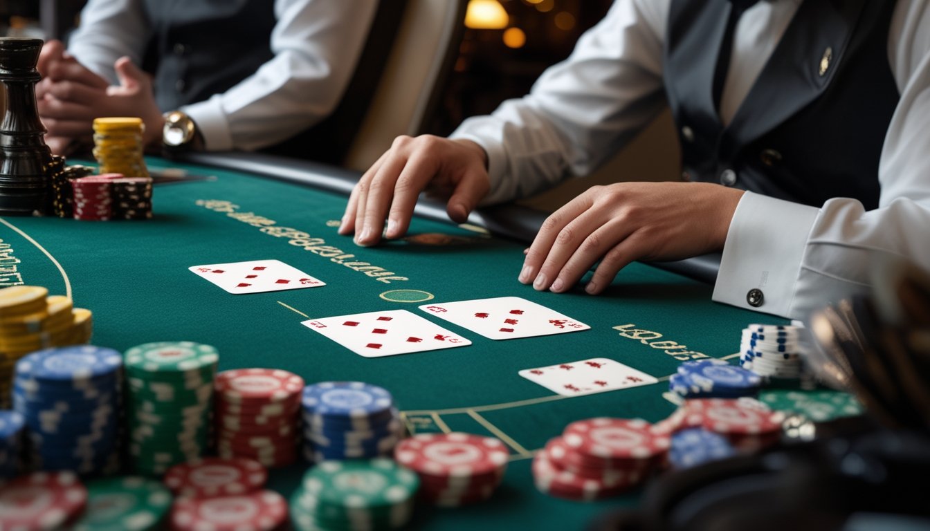 Seorang pemain dan dealer di meja blackjack dengan dua kartu dealer terbuka, suasana fokus dan strategis di kasino.