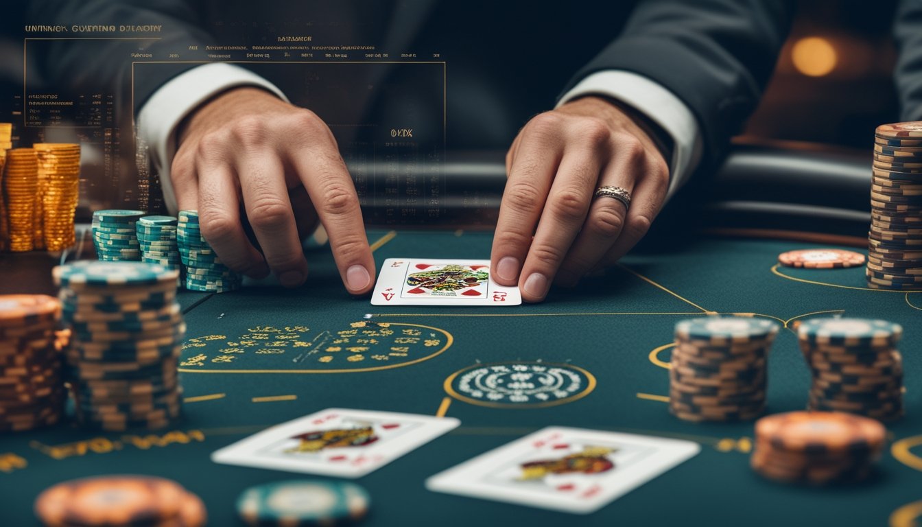 Tangan pemain memegang kartu blackjack di meja kasino dengan tumpukan chip dan diagram strategi kartu yang samar terlihat.