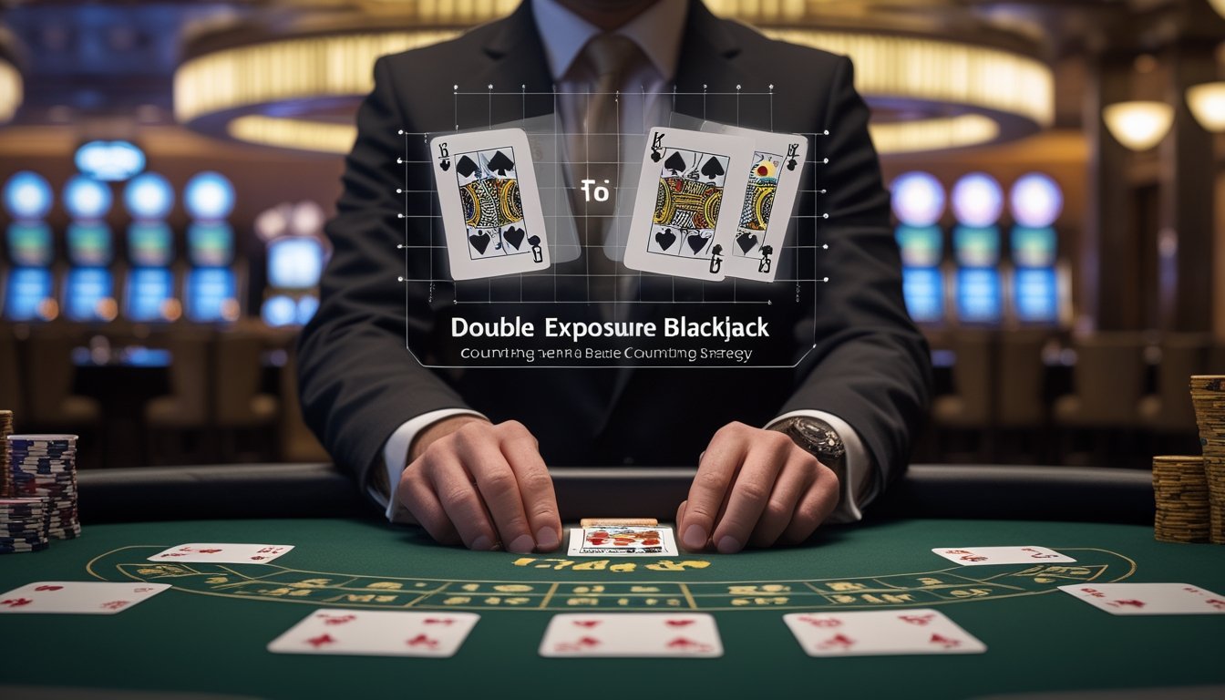 Seorang dealer membagikan kartu di meja blackjack dengan efek tumpang tindih kartu dan grafik strategi di latar belakang kasino yang elegan.