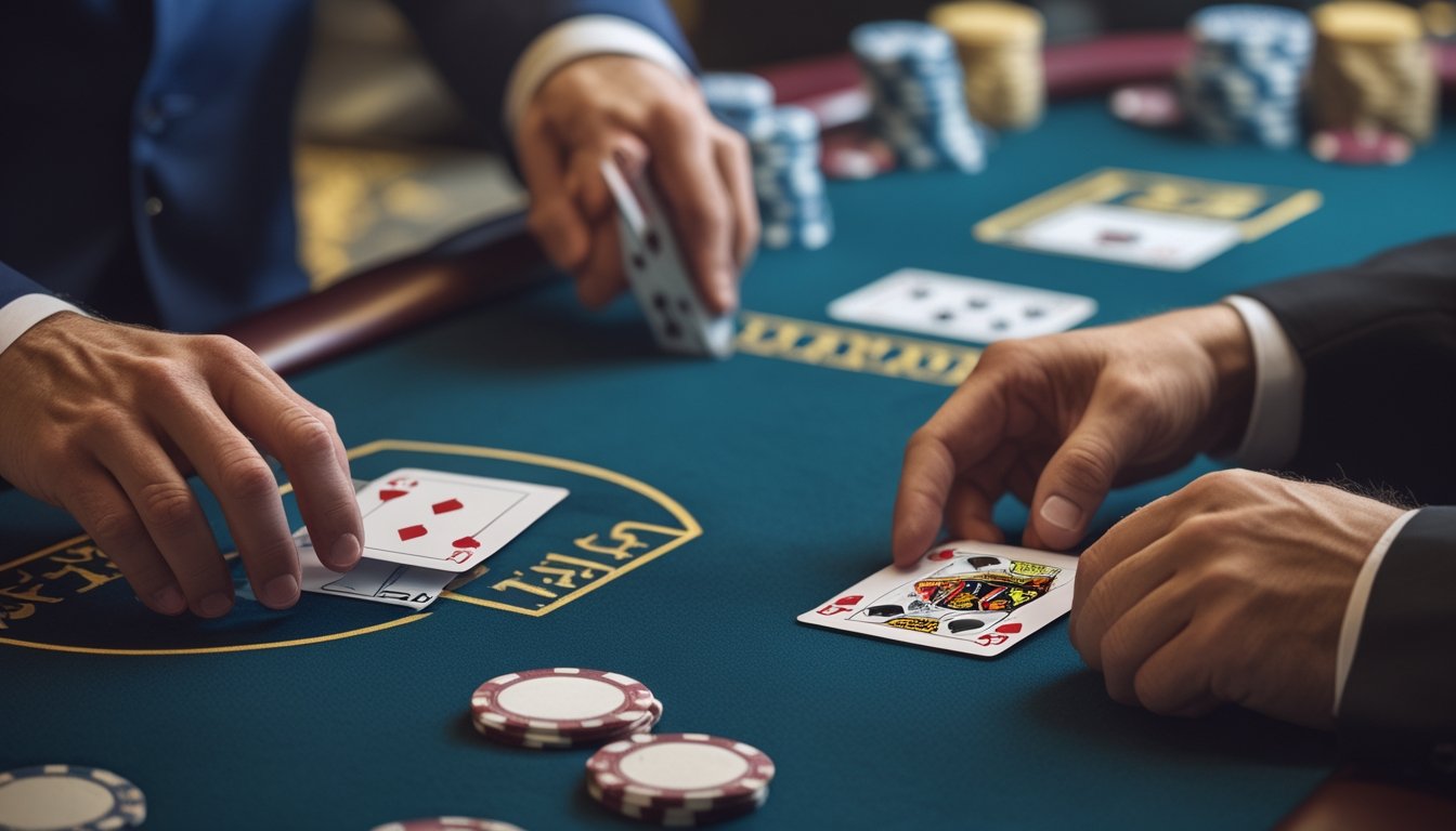 Meja blackjack dengan dua tangan kartu yang sedang dimainkan, dealer membagikan kartu di kasino dengan tumpukan chip di latar belakang.
