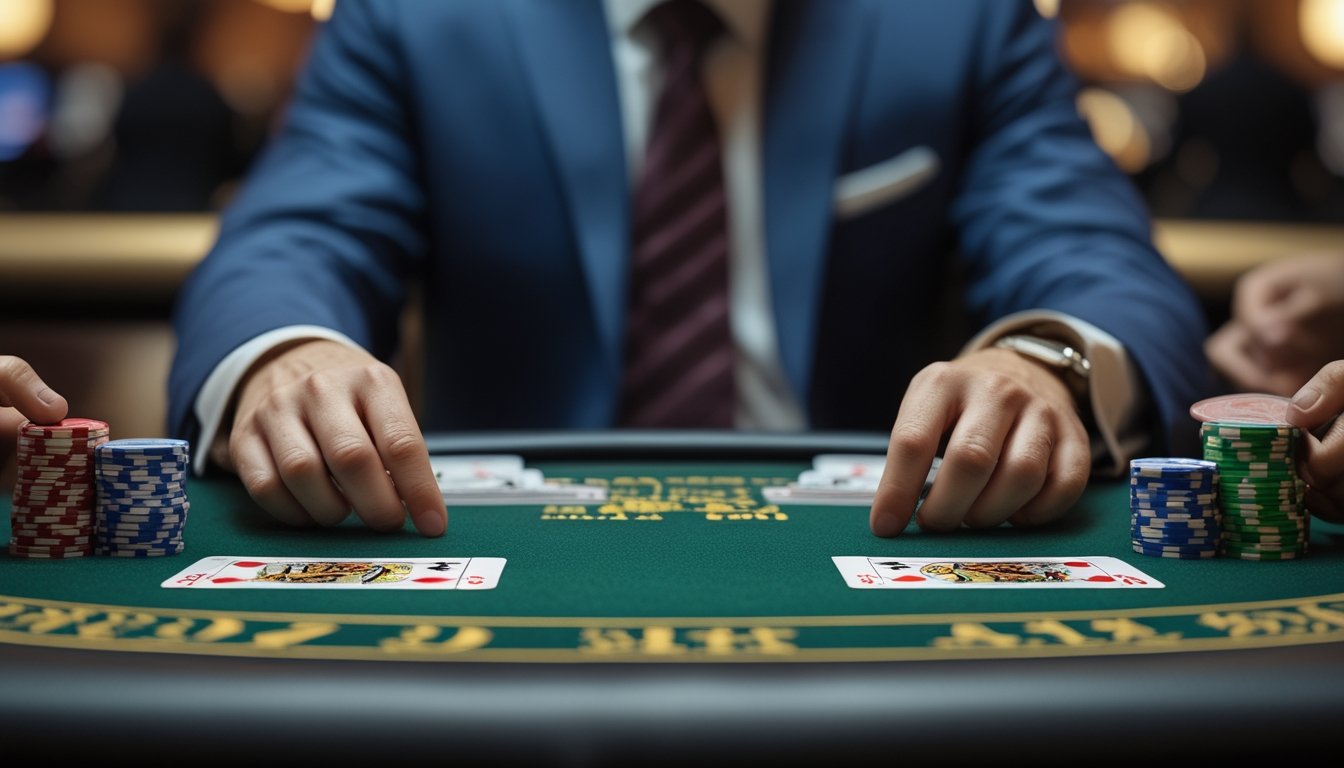 Meja kasino dengan permainan Double Exposure Blackjack yang menampilkan dua kartu dealer terbuka dan tumpukan chip taruhan.