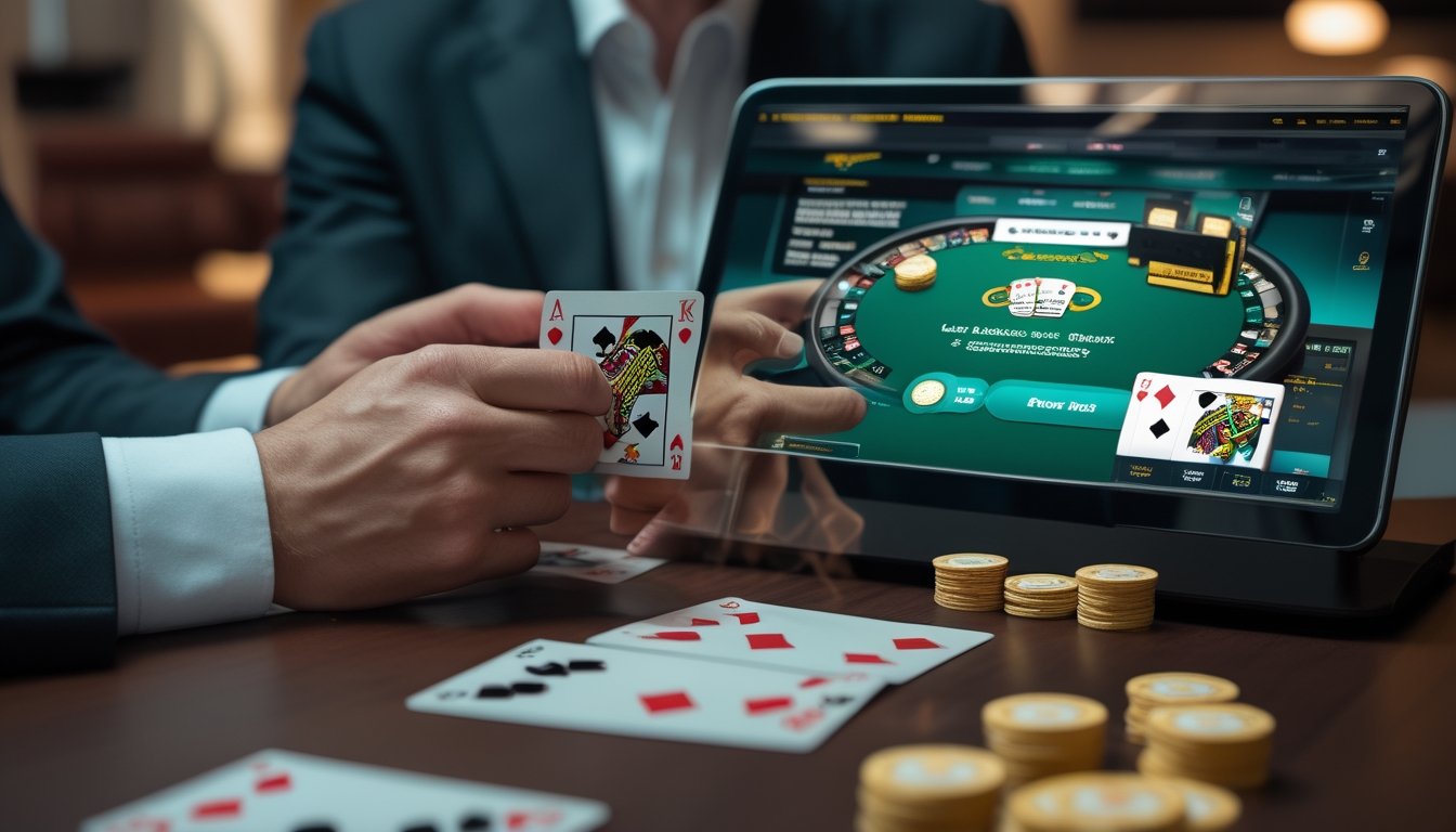 Tangan seseorang memegang kartu remi dengan latar belakang layar komputer yang menampilkan permainan kasino online dan meja blackjack.