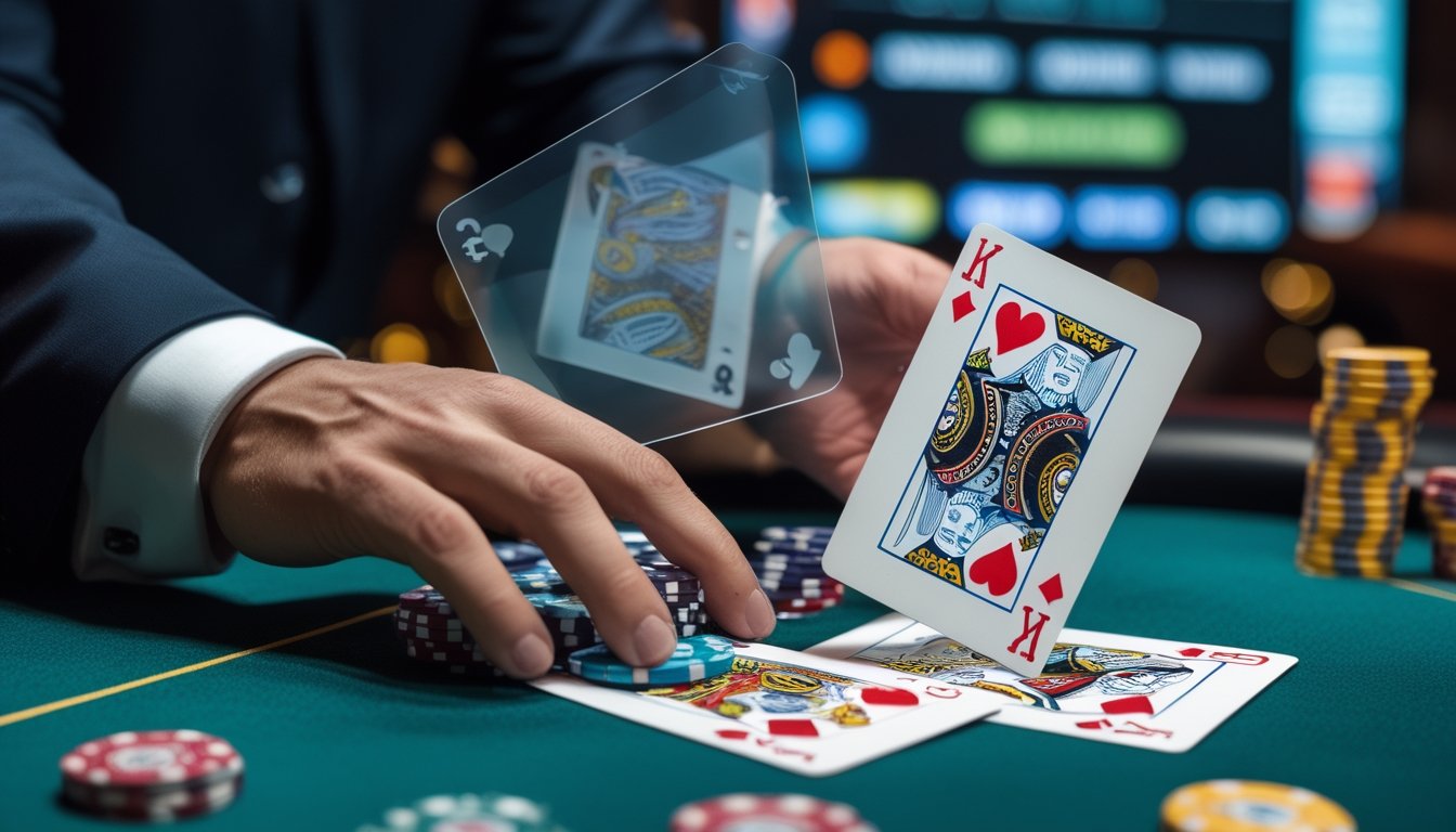 Meja blackjack di kasino dengan kartu yang tumpang tindih, tumpukan chip, dan tangan dealer yang sedang menempatkan chip.