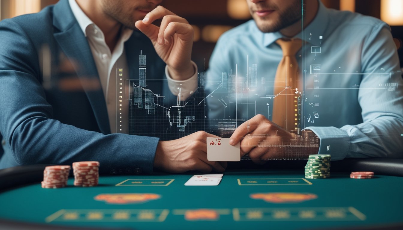 Seorang individu duduk di meja blackjack sambil mengatur keuangan dengan kartu dan chip di depan mereka.