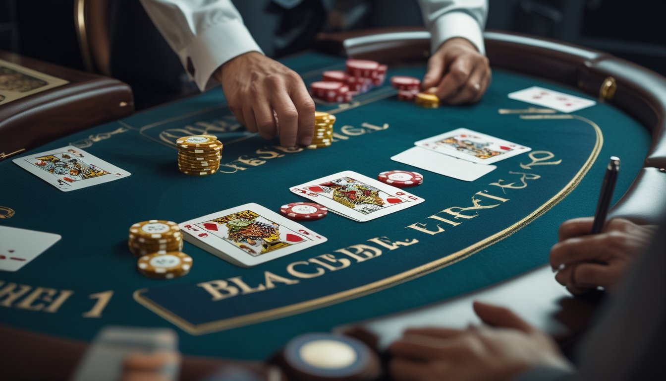 Meja blackjack dengan kartu dan tumpukan chip, tangan pemain sedang mengatur taruhan dengan latar belakang alat perencanaan keuangan.