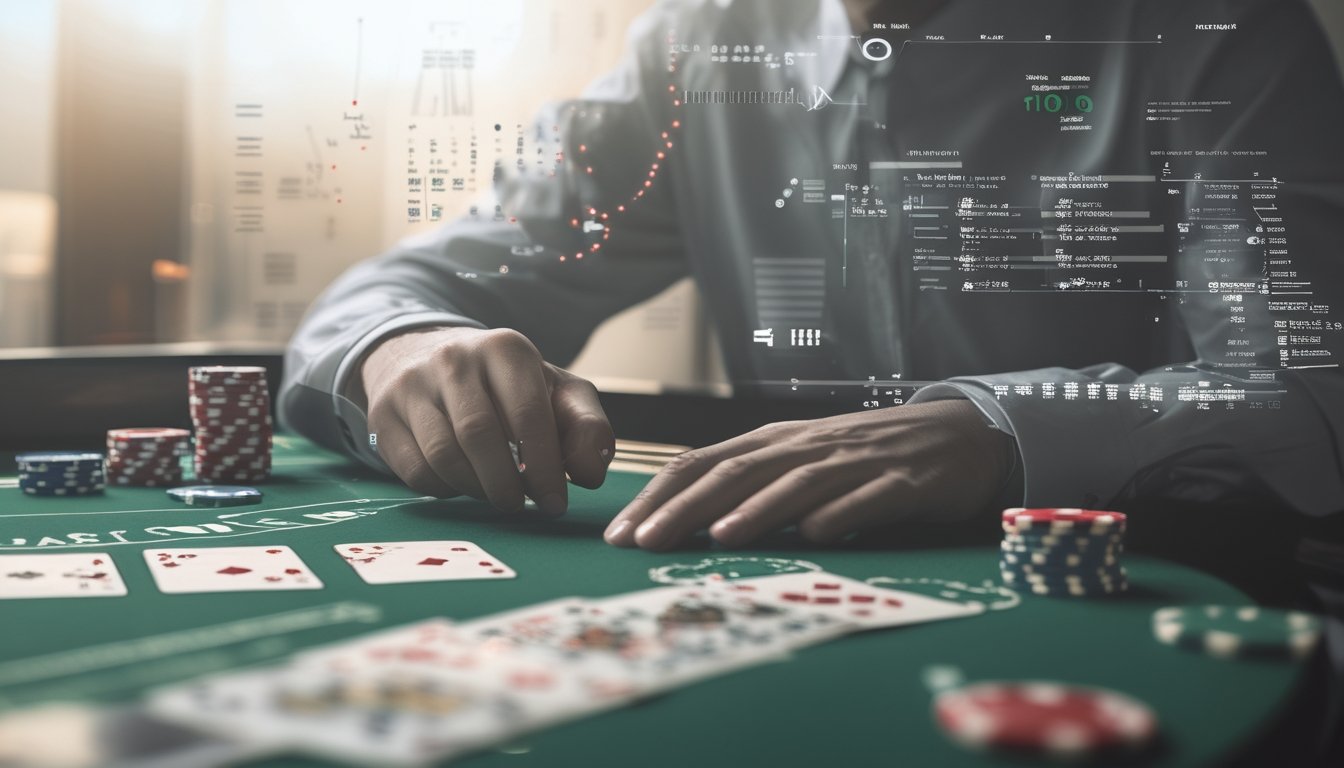 Meja blackjack dengan kartu dan chip kasino serta siluet seseorang yang sedang menganalisis strategi permainan.